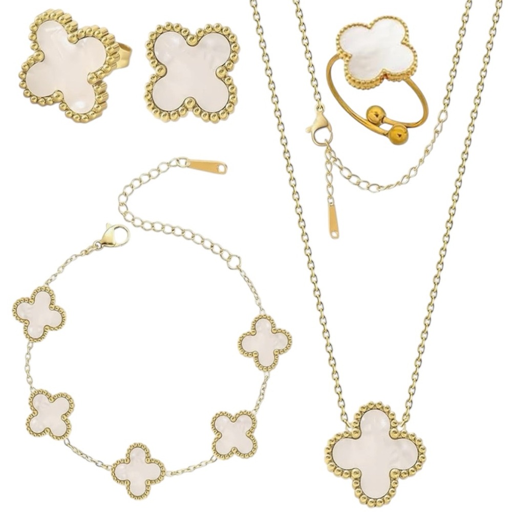 Elegant Gold and White Mother of Pearl Four Leaf Lucky Clover Motif Jewelry Set